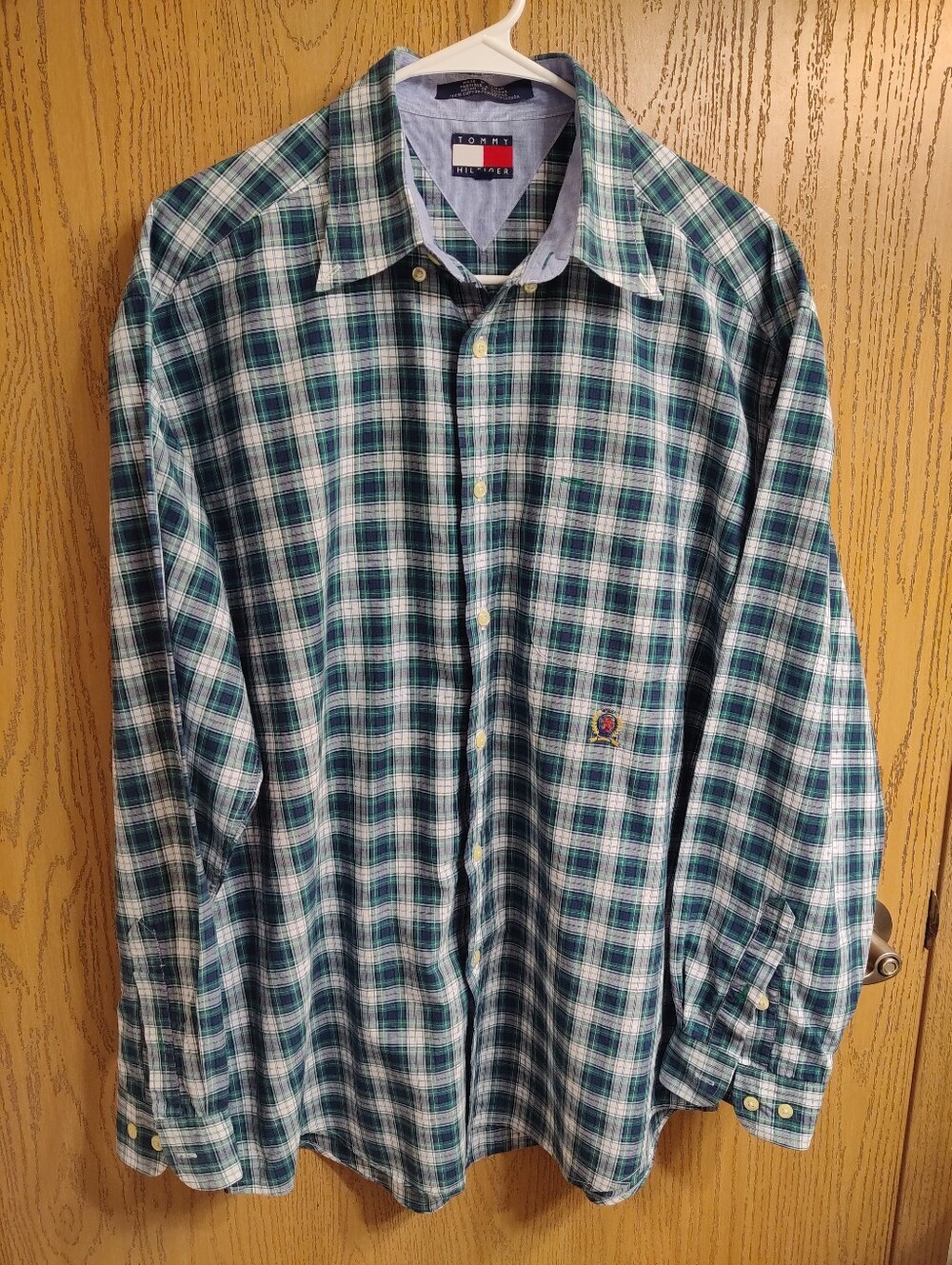 Tommy Hilfiger Green and White Plaid Button-Down Shirt